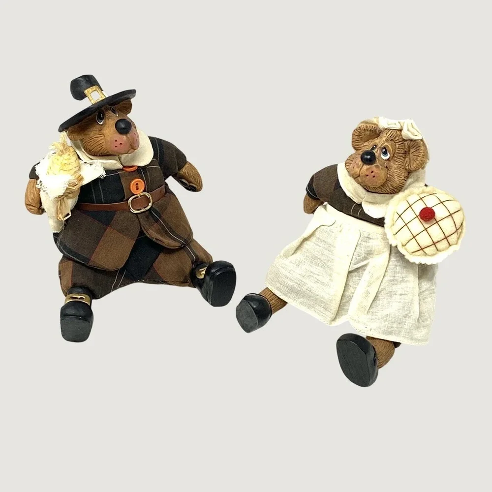 Russ Berrie Figurines Brown Pilgrim Bears Thanksgiving Harvest Vintage